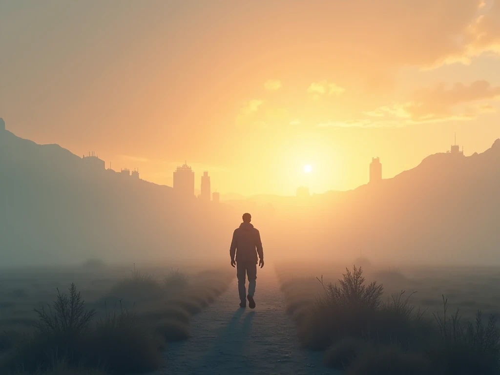 El camino despejado hacia tus metas tras vencer el miedo. Personaje caminando hacia un horizonte brillante y tecnológico tras aprender a perder el miedo a tomar decisiones y progresar.