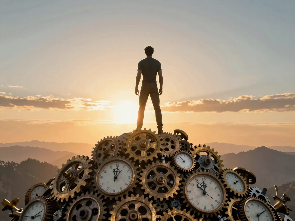 Personaje de cómic realista en la cima de una montaña mirando el amanecer, simbolizando el éxito final al dejar de autoboicotearse y tomar el control.