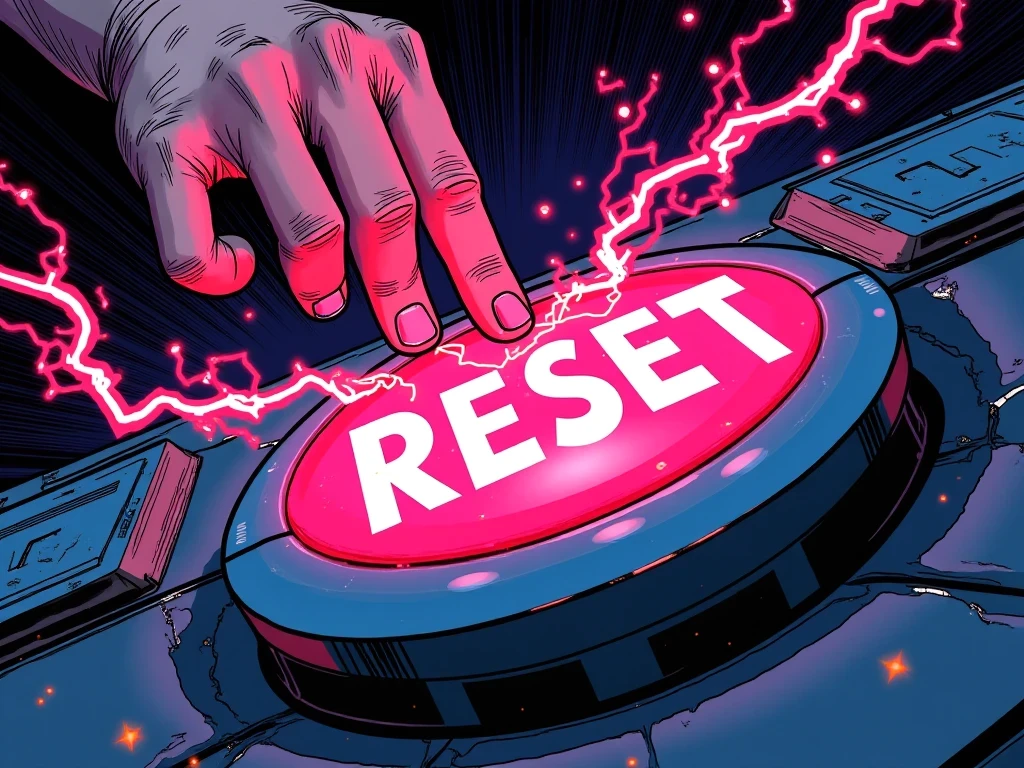 Primer plano artístico de una mano pulsando un botón de "Reset" con luces de neón, simbolizando la acción inmediata para dejar de autosabotearme.