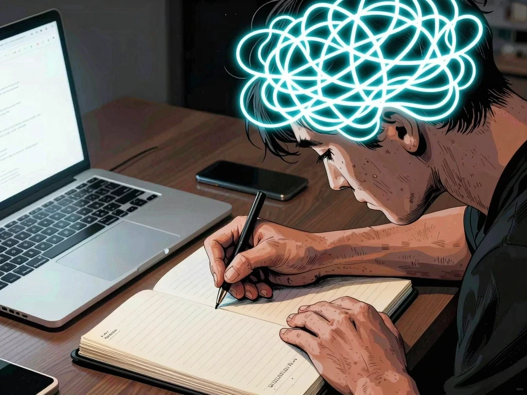 Comic realista de una persona organizando sus pensamientos en un cuaderno para no dudar de mi mismo
