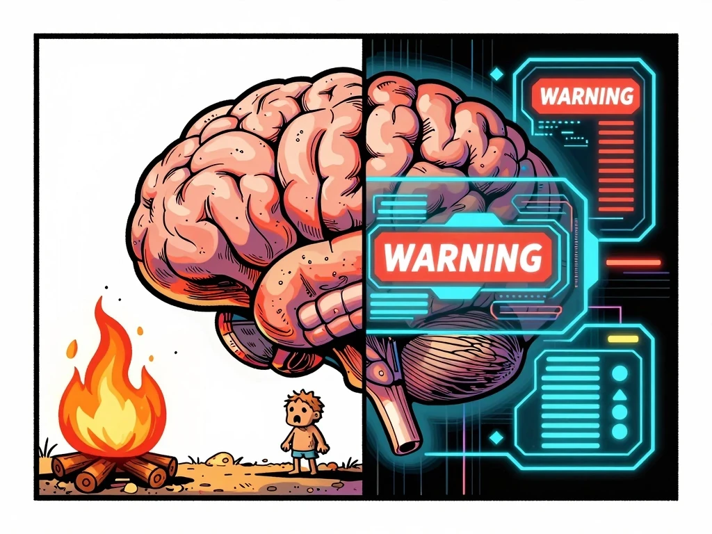 Dibujo conceptual de un cerebro dividido entre el miedo cavernicola y la mente moderna para superar la inseguridad