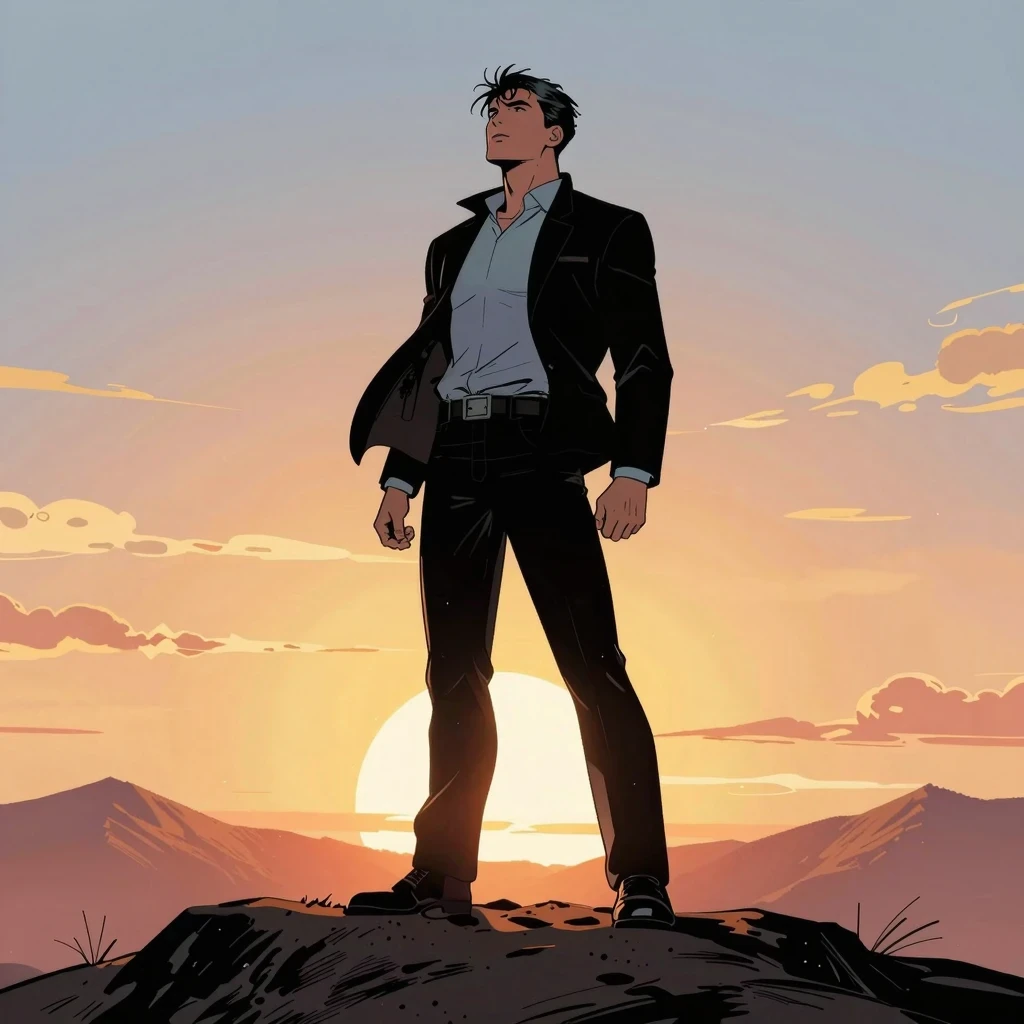 Ilustración optimista de un profesional recuperado observando un amanecer libre de estrés y burnout.