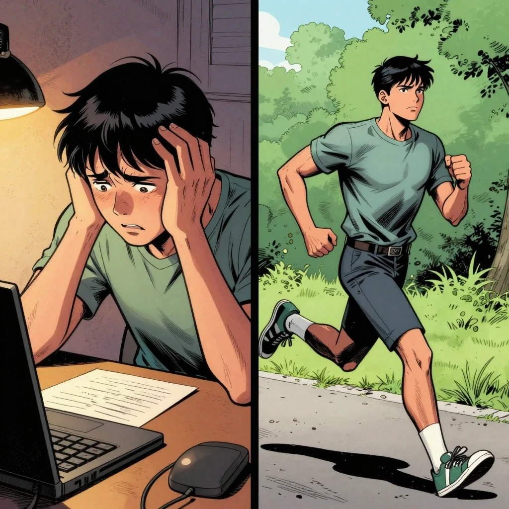 Dibujo tipo novela grafica que compara a una persona estresada en una oficina con otra corriendo alegre y libre haciendo deporte
