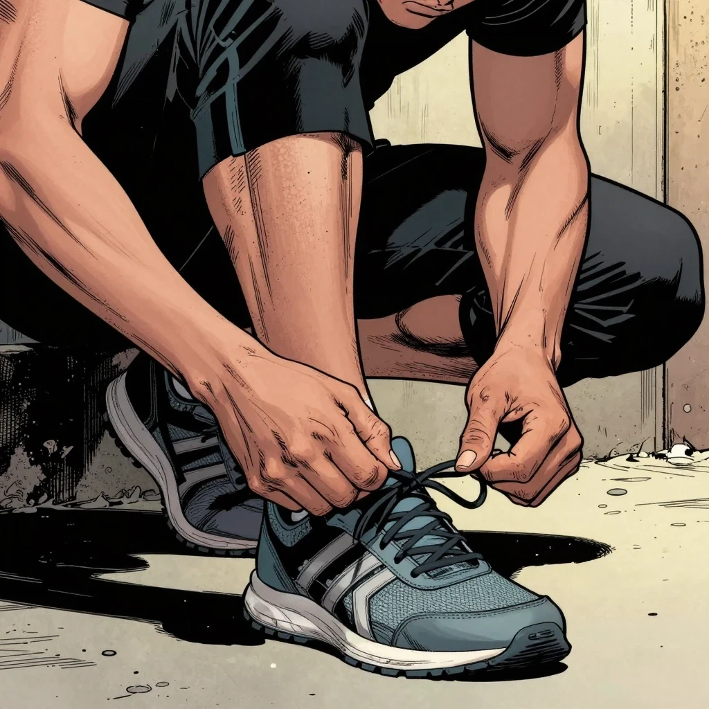 Ilustracion de comic realista de una persona atandose las zapatillas temprano en la mañana decidida a entrenar