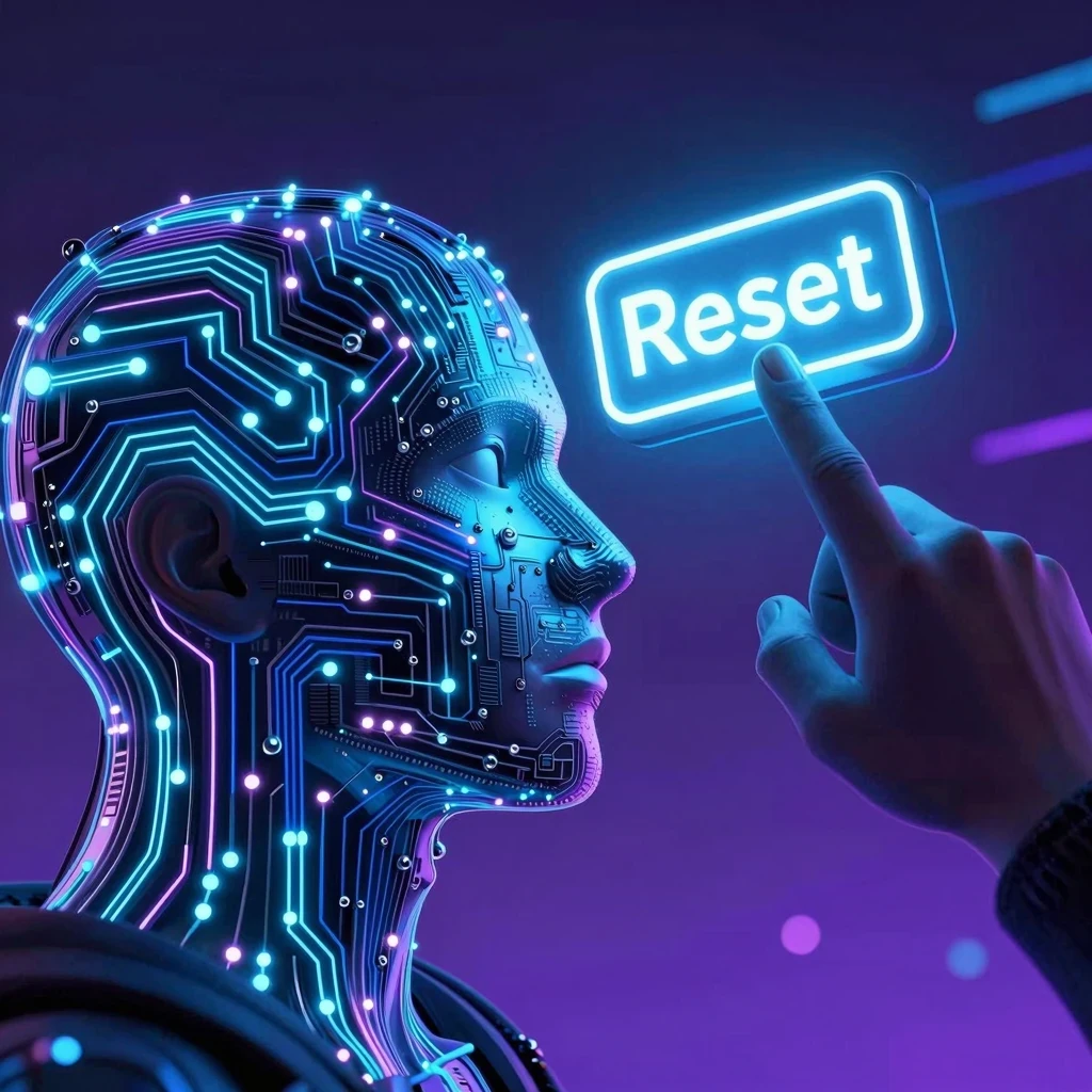 Perfil de cabeza humana con circuitos presionando un botón de reinicio mental estilo cómic