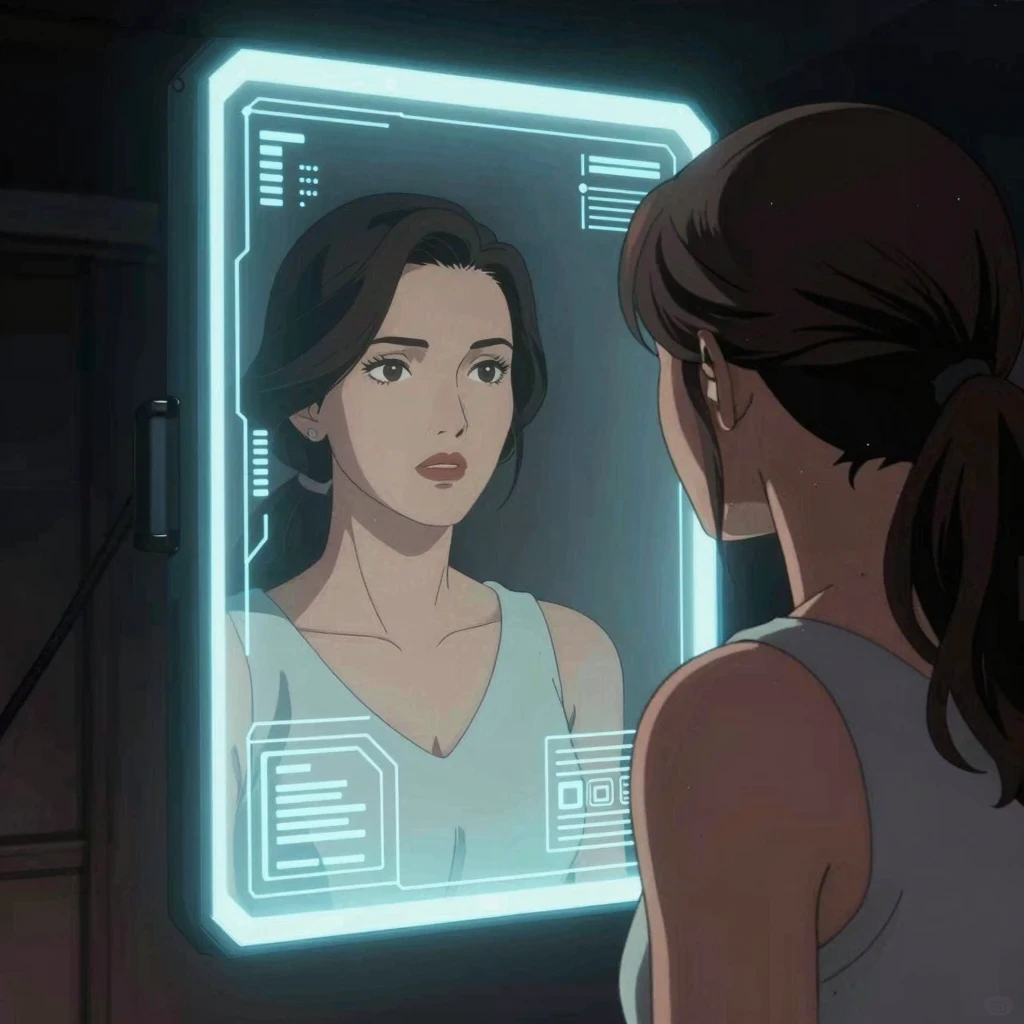 Mujer observando su reflejo en un espejo digital flotante para desarrollar autoconciencia