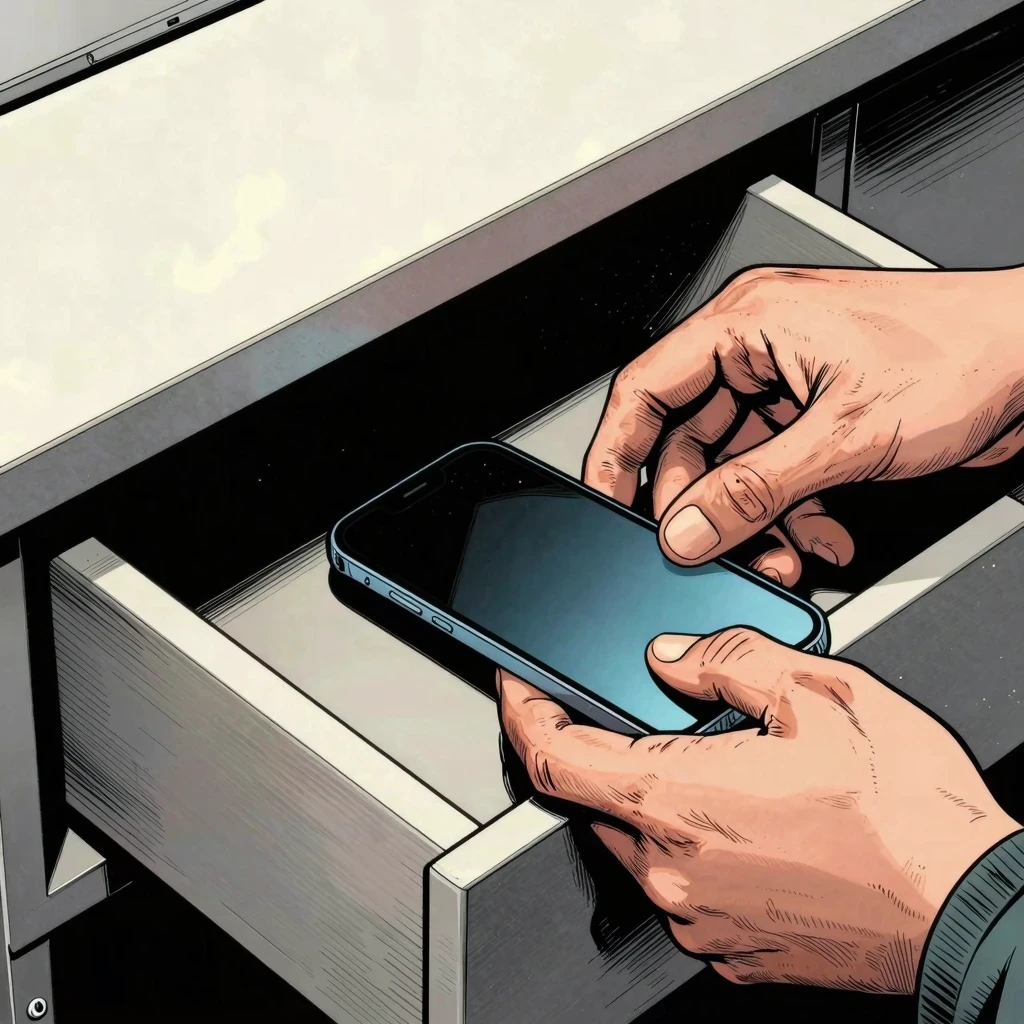 Manos guardando un teléfono móvil en un cajón para crear un entorno libre de tentaciones.