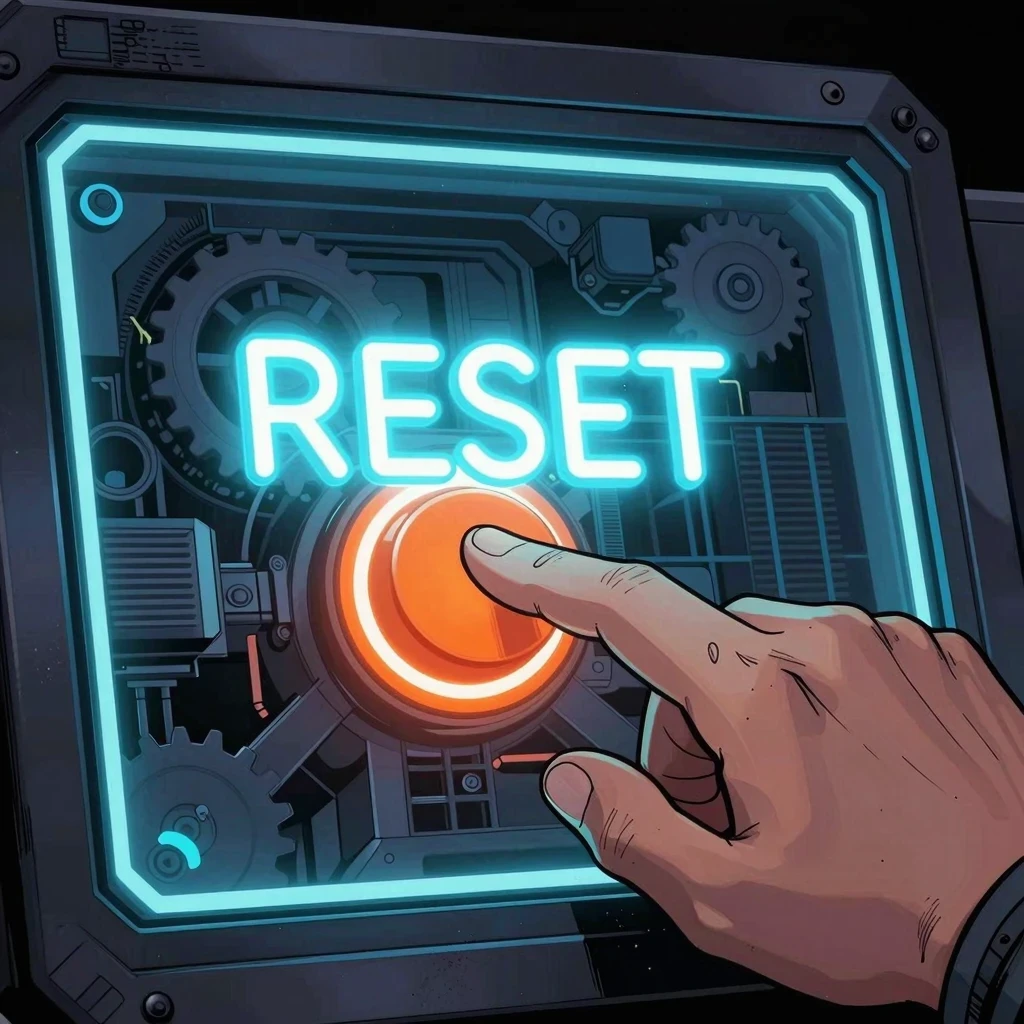 Mano pulsando un botón de reset para eliminar el autosabotaje y activar la disciplina.