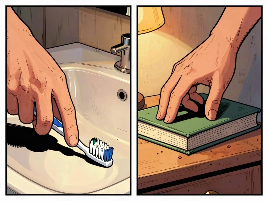 Viñeta de cómic que muestra la técnica de acumulación de microhábitos conectando cepillarse los dientes con leer.