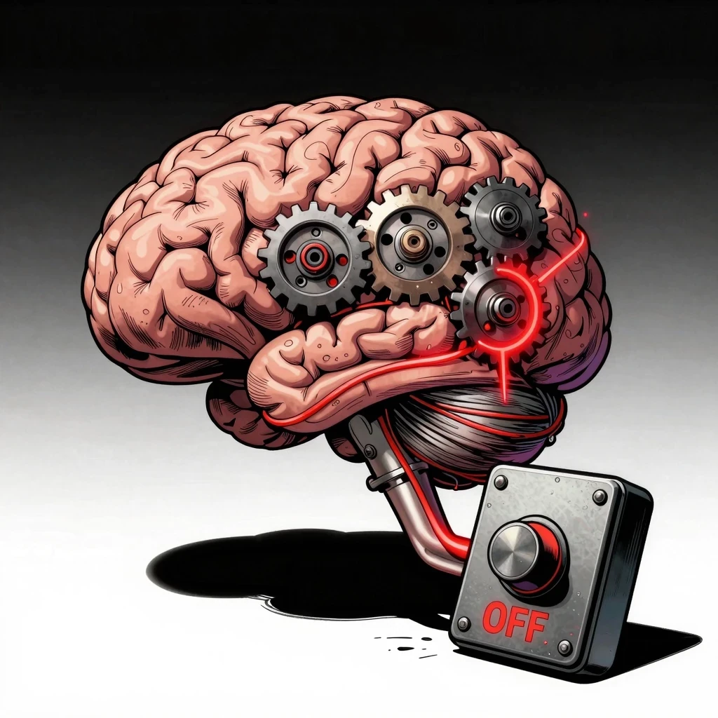 Concepto visual en estilo cómic de un cerebro conectado a engranajes mecánicos calientes con un interruptor apagándose por el burnout.