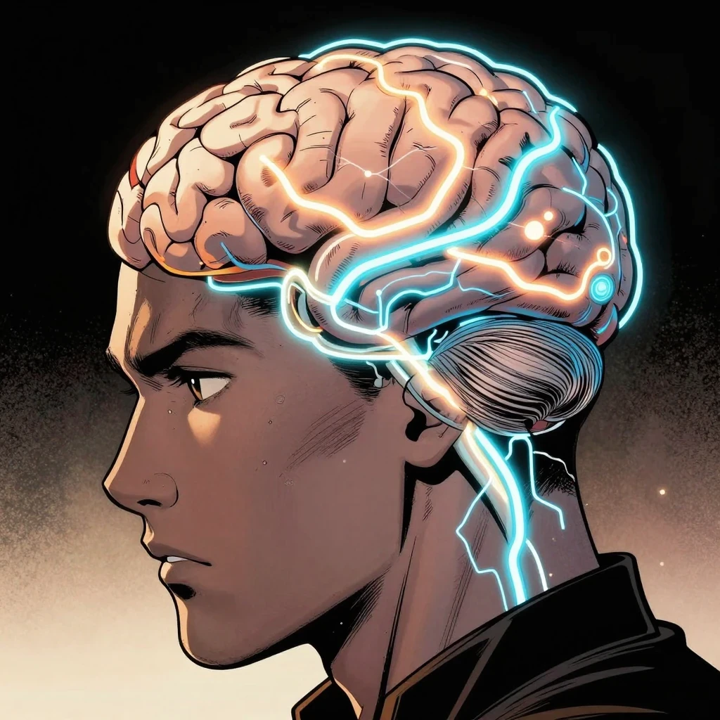 Ilustracion estilo comic de un perfil humano con conexiones neuronales brillantes que representan el poder mental del deporte