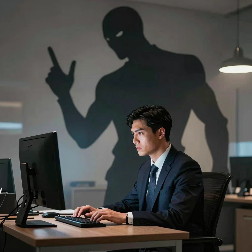 Profesional en su oficina con una sombra que simboliza el miedo al sindrome del impostor