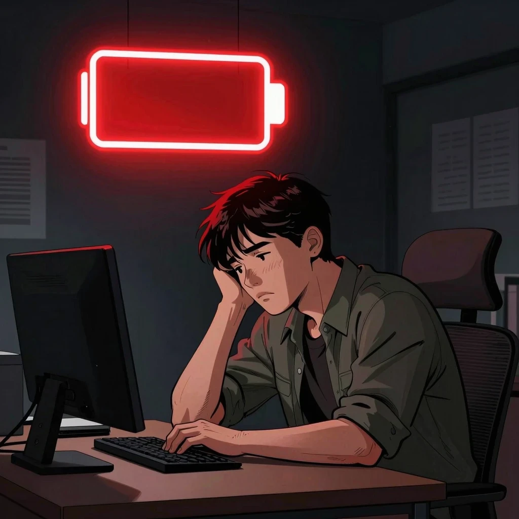 Gráfico estilo novela gráfica de un joven agotado tras haber sido consumido por las tentaciones en su escritorio con un icono de batería vacía que representa la fatiga de decisión.