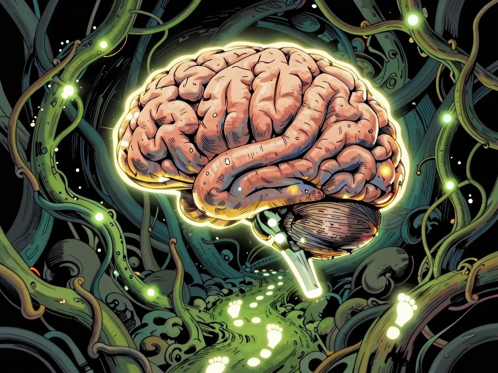 Concepto visual de un cerebro creando caminos neuronales y actitudes para lograr metas mediante la repetición.