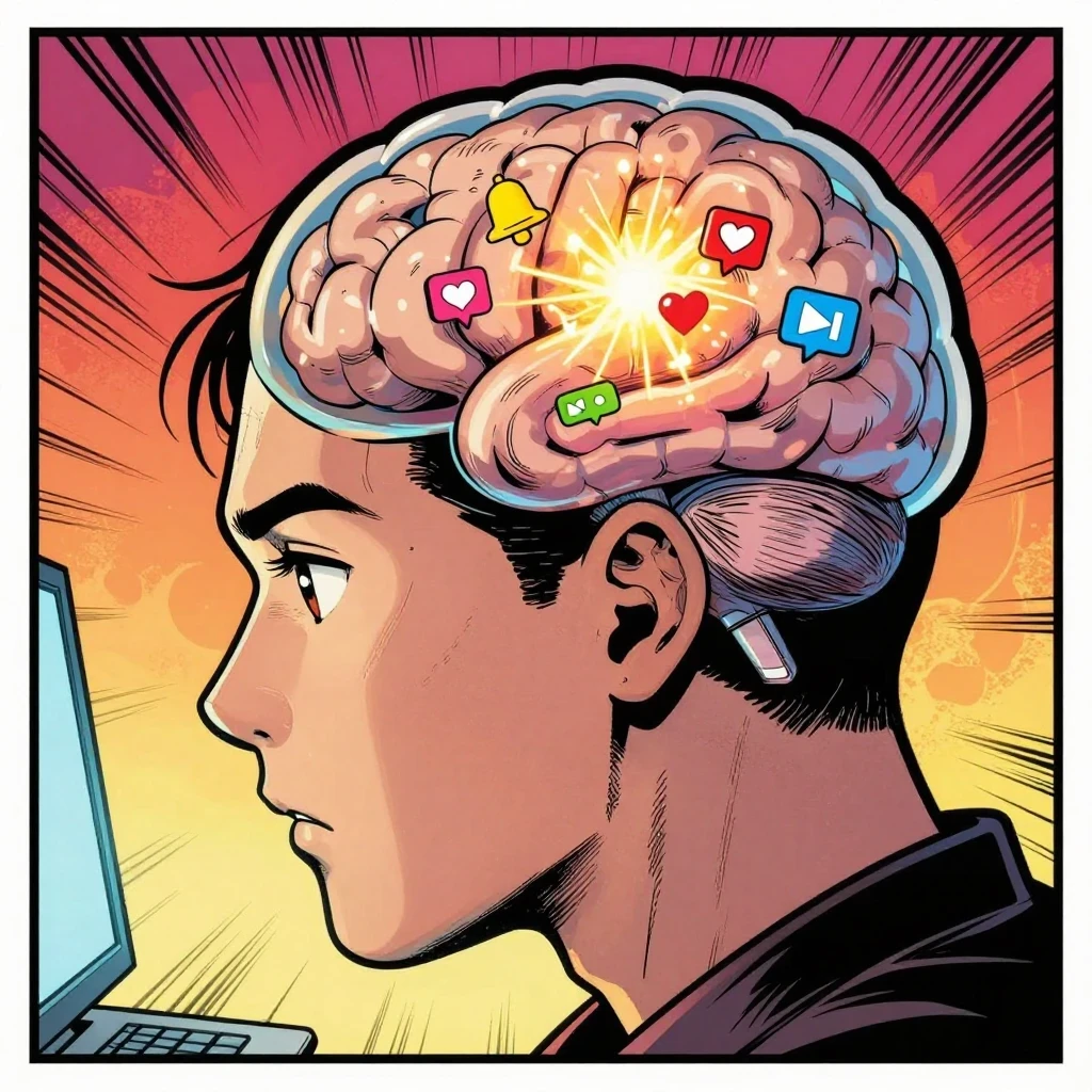 Dibujo conceptual del cerebro recibiendo estímulos de dopamina por el uso de redes sociales y pantallas.