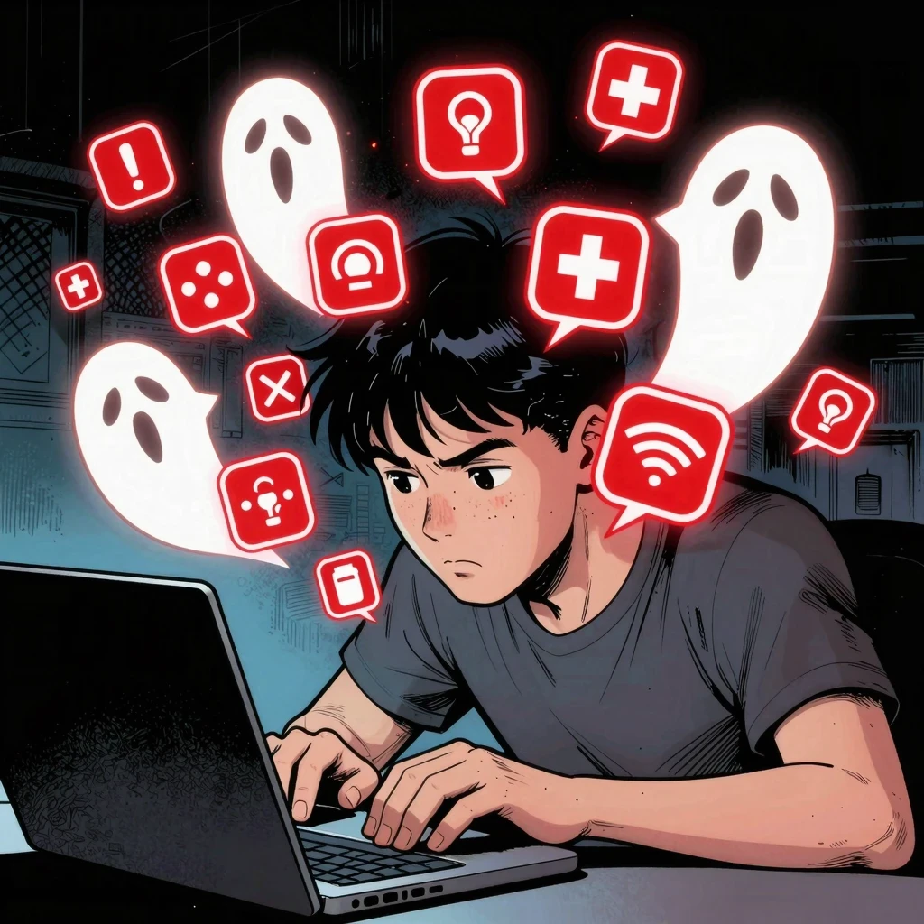 Representación visual de las distracciones digitales y notificaciones que agotan la concentración de un trabajador.