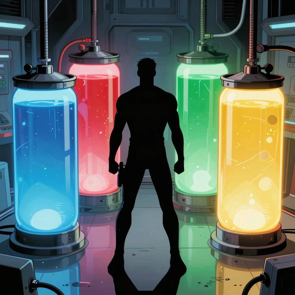 Ilustración estilo cómic de cuatro contenedores brillantes que representan los tipos de energía humana.