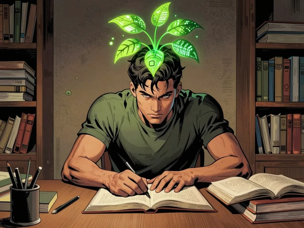 Cómic de un joven estudiando con una planta brillante creciendo de su mente como símbolo de desarrollo personal.