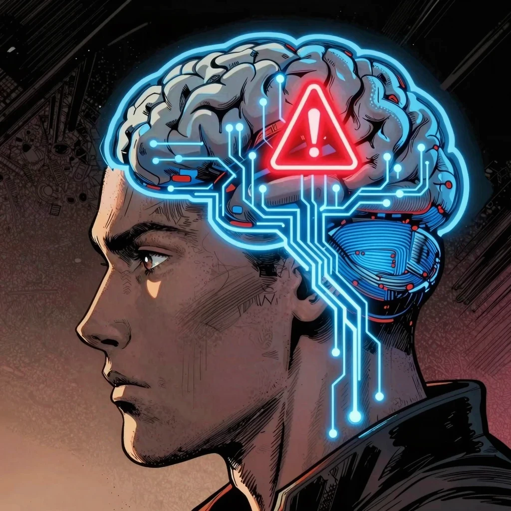 Perfil de cabeza humana con circuitos digitales que representan un error o virus mental por el sindrome del impostor