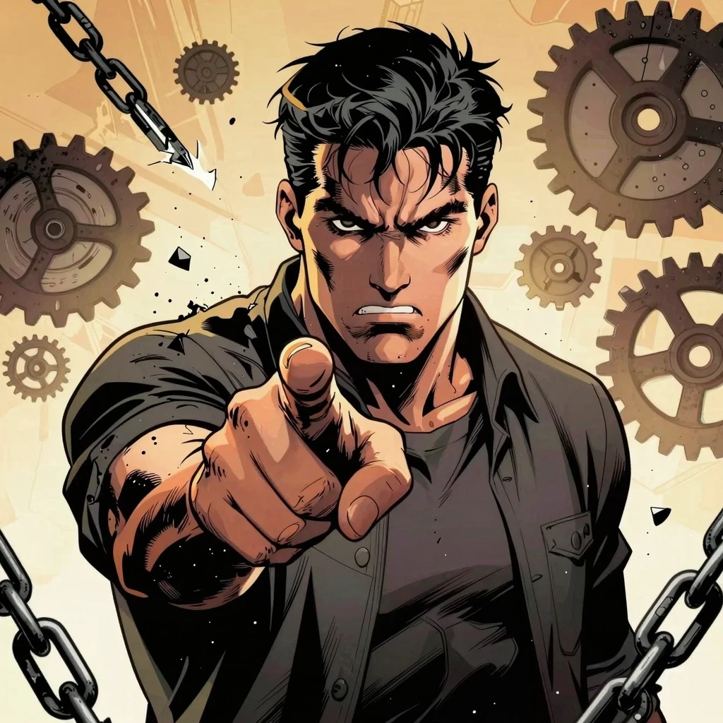 Hombre frustrado que aprende a dejar de culpar a los demás rodeado de cadenas rotas estilo novela gráfica.