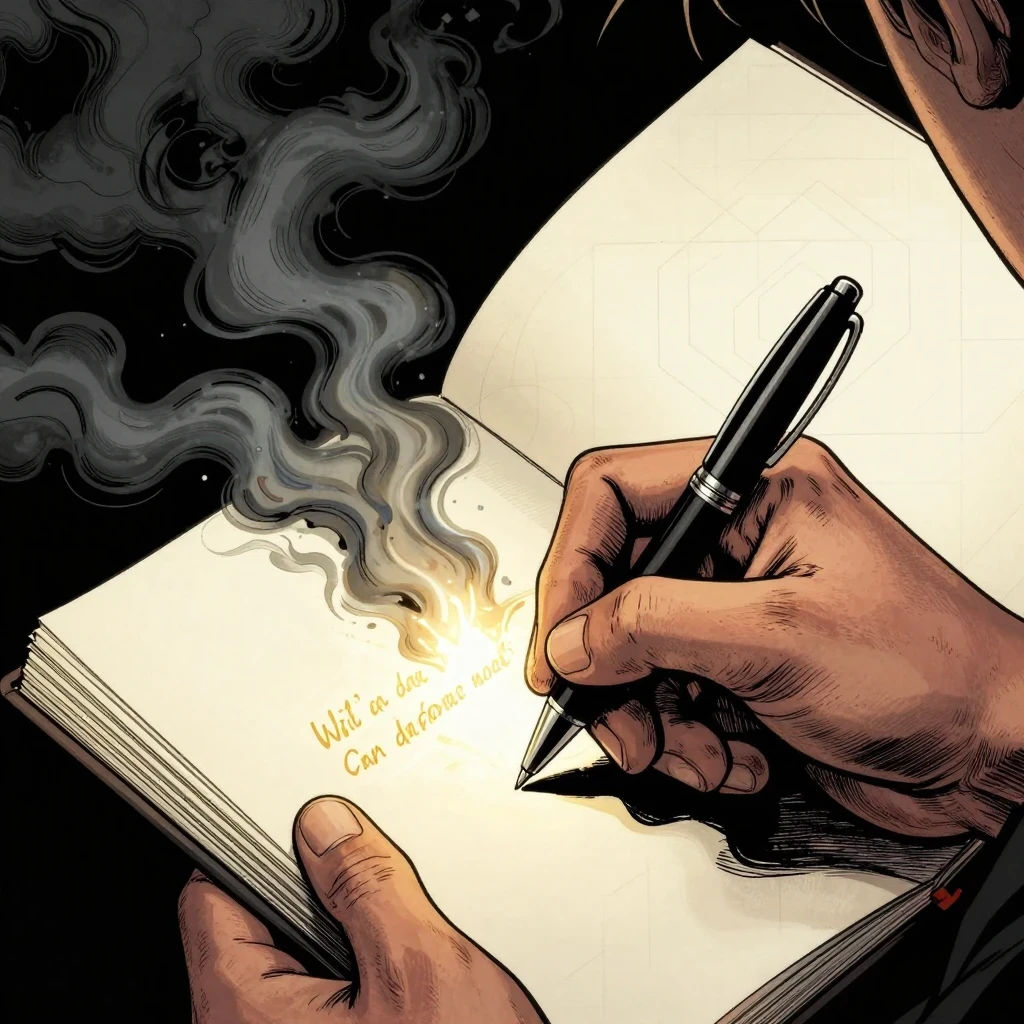 Manos escribiendo con un bolígrafo palabras de luz dorada en un cuaderno para hacer escritura terapéutica.
