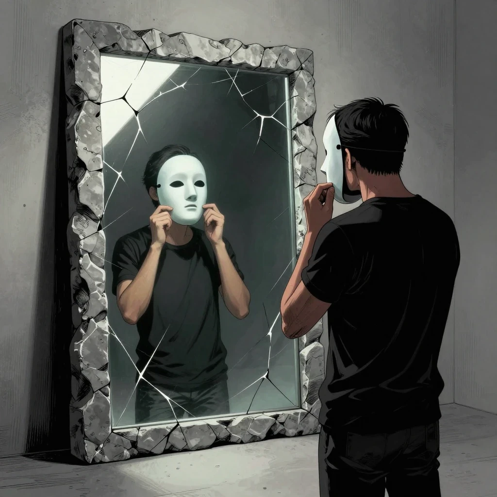 Ilustración estilo cómic de una persona quitándose una máscara para descubrir quién eres.