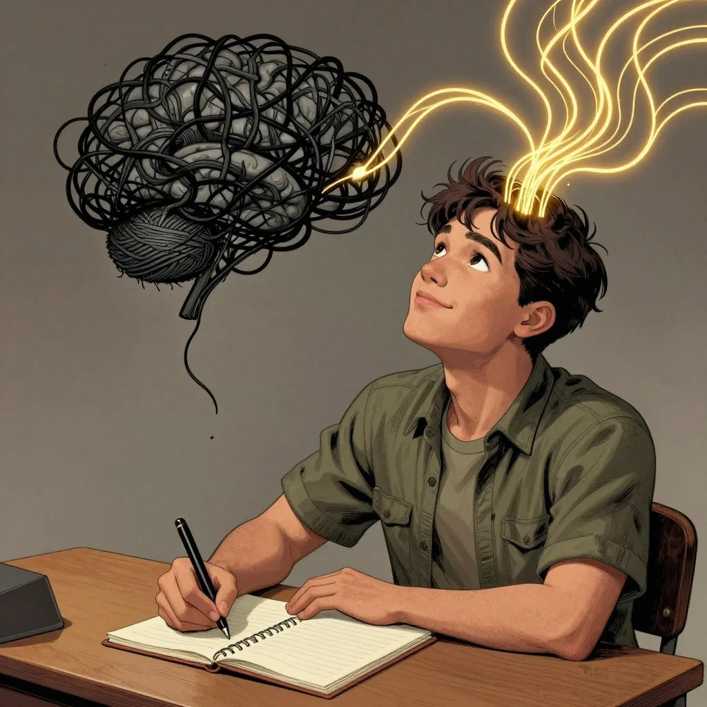 Joven sentado en su escritorio sintiendo alivio al organizar sus pensamientos caóticos mediante la escritura terapéutica.