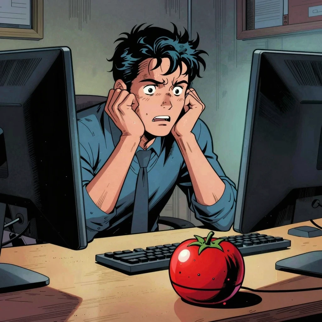 Profesional frente al ordenador con un temporizador de cocina en forma de tomate aplicando la tecnica pomodoro