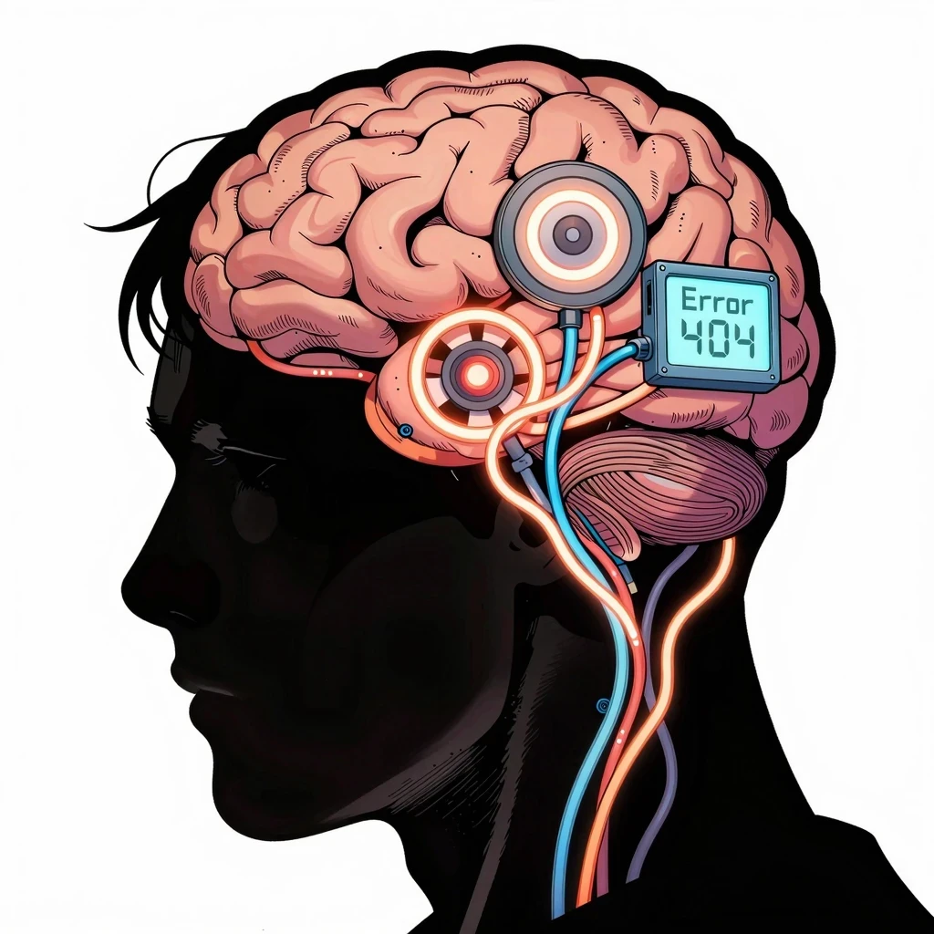 Ilustracion de cerebro bloqueado con cables y pantalla de error simulando que son bloqueos mentales.
