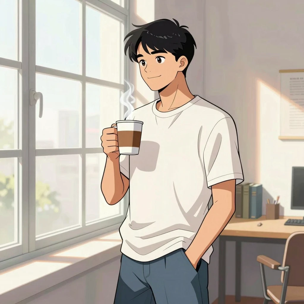 Persona relajada tomando un café durante el descanso de 5 minutos de la tecnica pomodoro