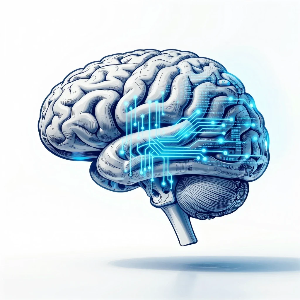 Cerebro fusionado con circuitos digitales limpios, metáfora de Reset Tech Mind para reprogramar quién eres.