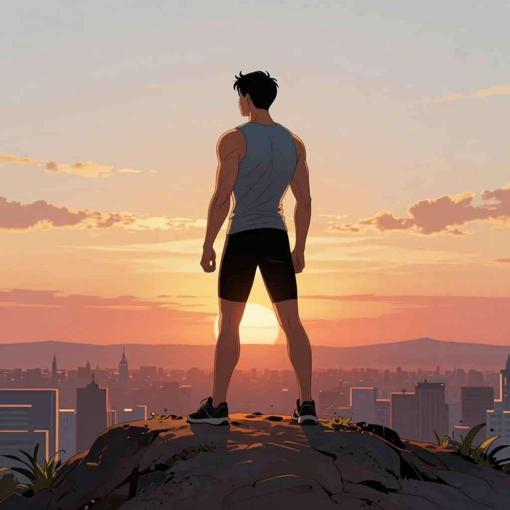 Dibujo de estilo comic con un atleta en la cima de una colina contemplando el horizonte en paz tras hacer deporte