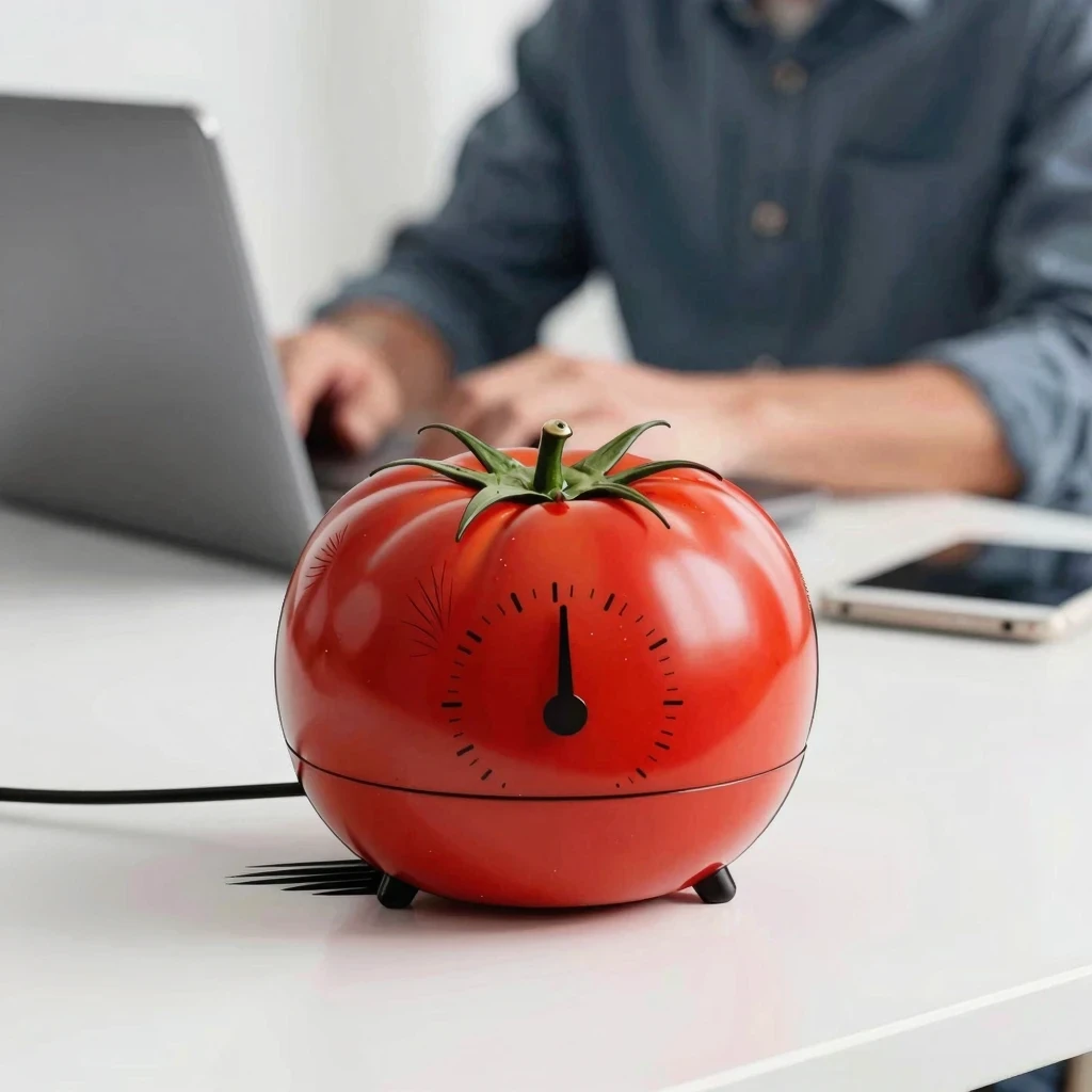 Temporizador de cocina con forma de tomate sobre un escritorio limpio para dejar de procrastinar.