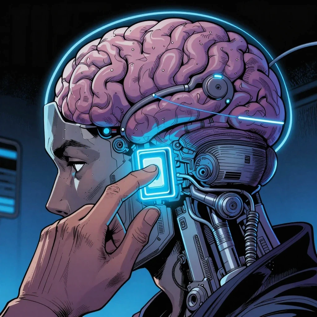 como-entrenar-tu-mente Cerca de un interruptor de luz de neón regulando un cerebro tecnológico en Reset Tech Mind.