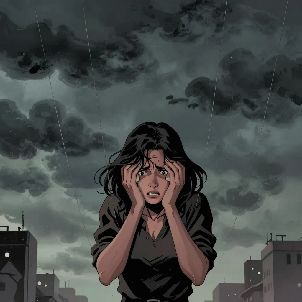 locus-de-control-externo Mujer abrumada bajo una tormenta que simboliza la falta de motivación por el locus de control externo.