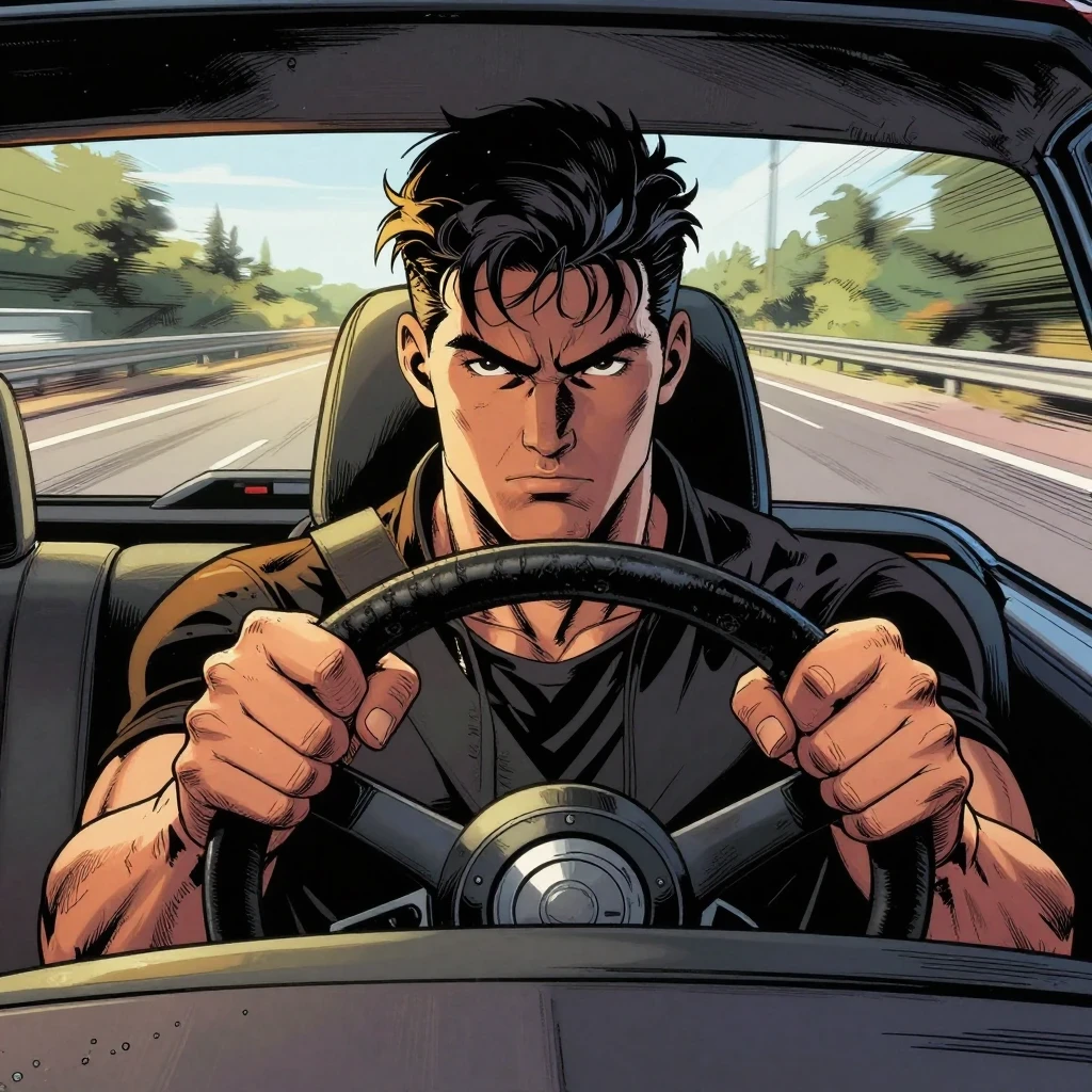 Ilustración estilo cómic realista de manos firmes al volante de un coche de carreras en movimiento.