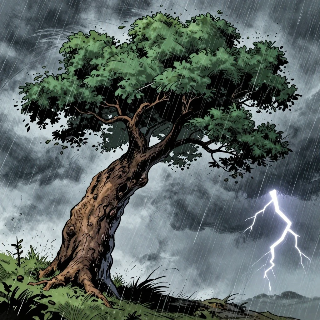 Árbol resistiendo una tormenta, metáfora de la resiliencia